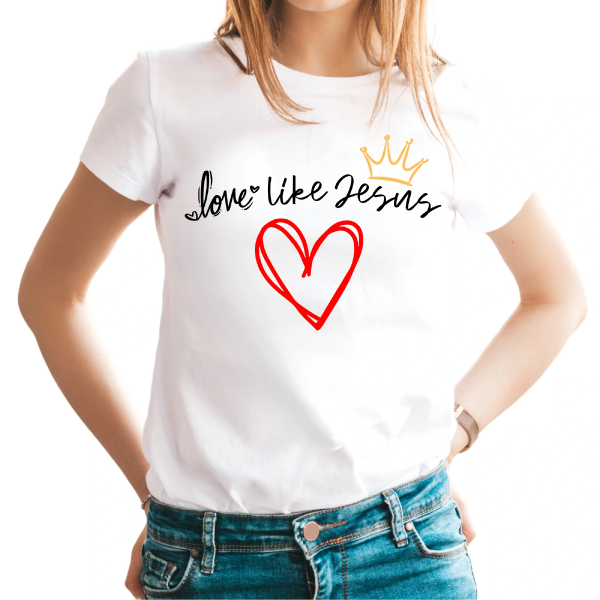 Tricou alb femei cu mesaj crestin -Love like Jesus