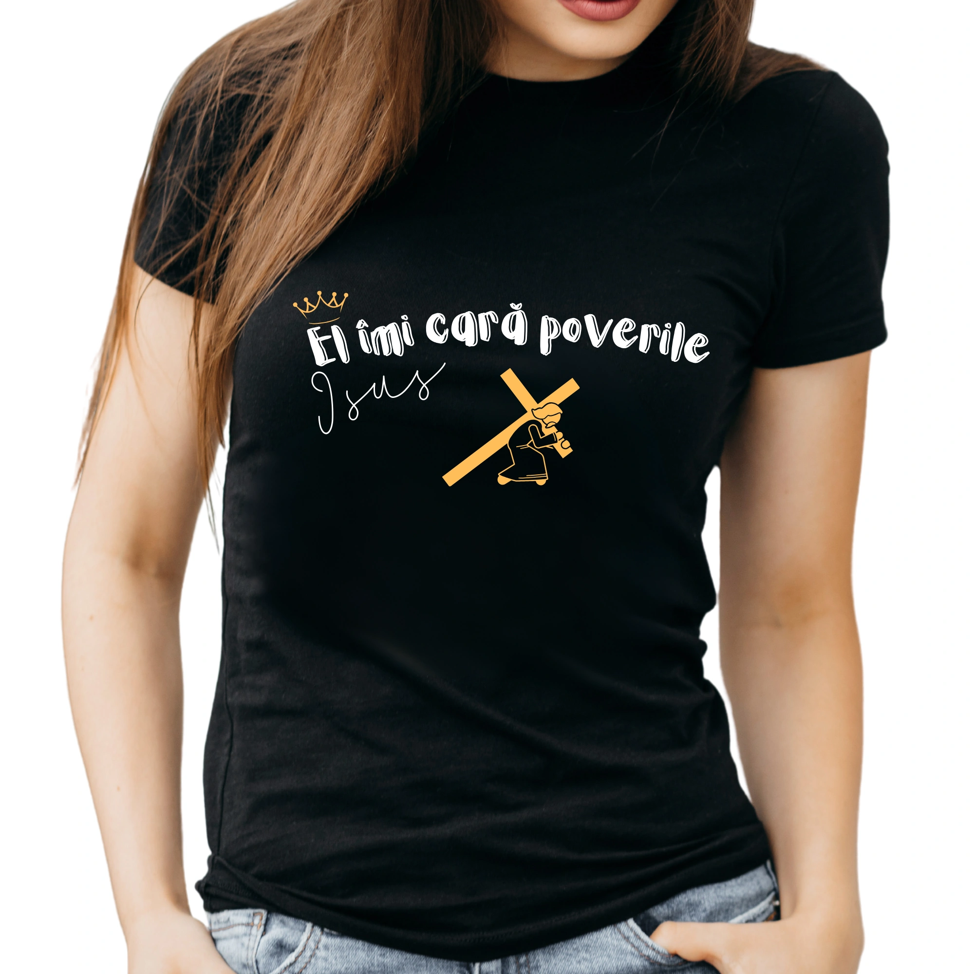 Tricou negru femei cu mesaj biblic- El imi cara poverile