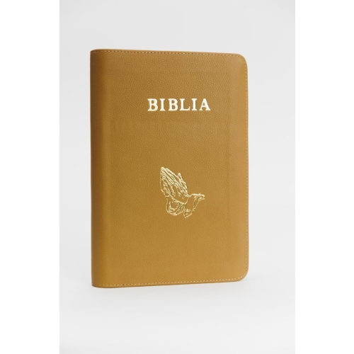 Biblie din piele, marime mare, culoare, maro muștar, simbol maini in rugaciune, fermoar, index, margini aurii, cuv. lui Isus cu rosu [SI 073 PFI]