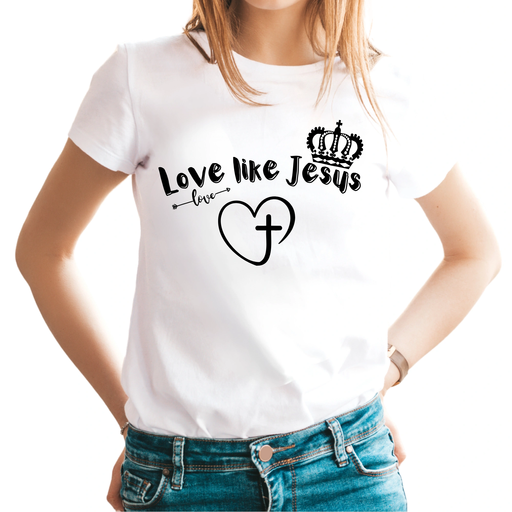 Tricou alb femei cu mesaj biblic-Love like Jesus