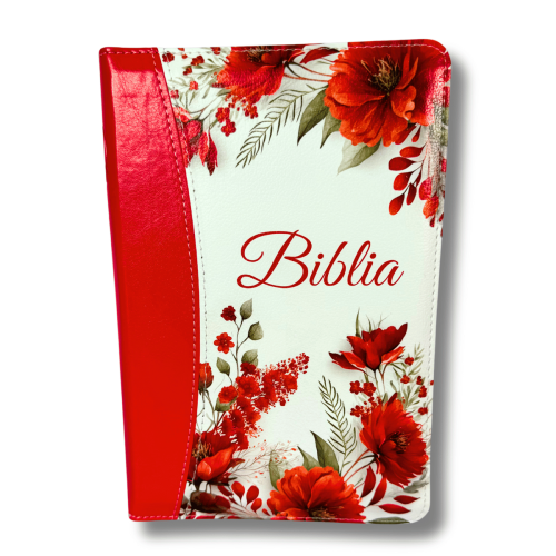 Biblie marime medie, piele ecologică, model floral rosie, fermoar, index, margini aurii, cuv. lui Isus cu rosu [057 F]