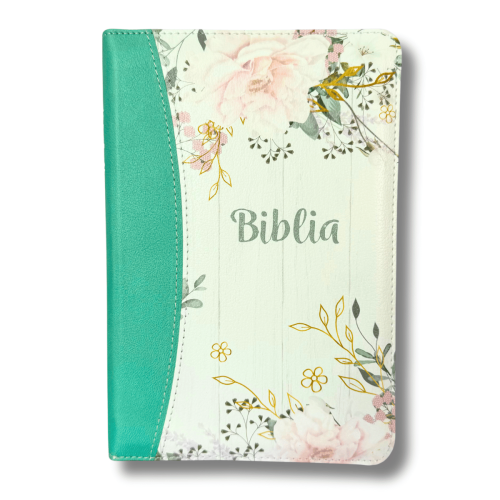 Biblie marime medie, piele ecologică, model floral turcoaz, fermoar, index, margini aurii, cuv. lui Isus cu rosu [057 F]