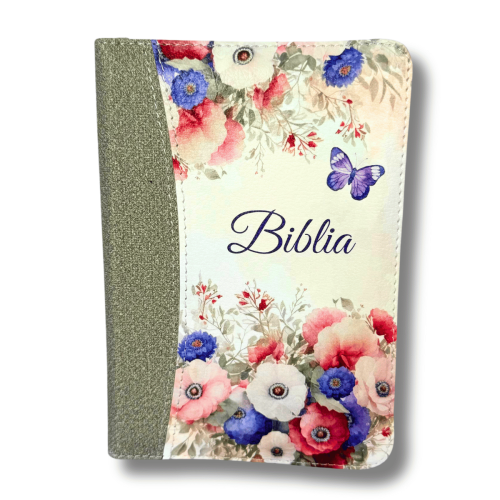 Biblie marime mica, din piele ecologica, model floral, culoare gri, fermoar, index, margini roz, cuv. Isus rosu [SI 046 ZTI]