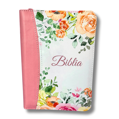 Biblie marime mica, din piele ecologica, model floral, culoare roz, fermoar, index, margini aurii, cuv. Isus rosu [SI 046 ZTI]