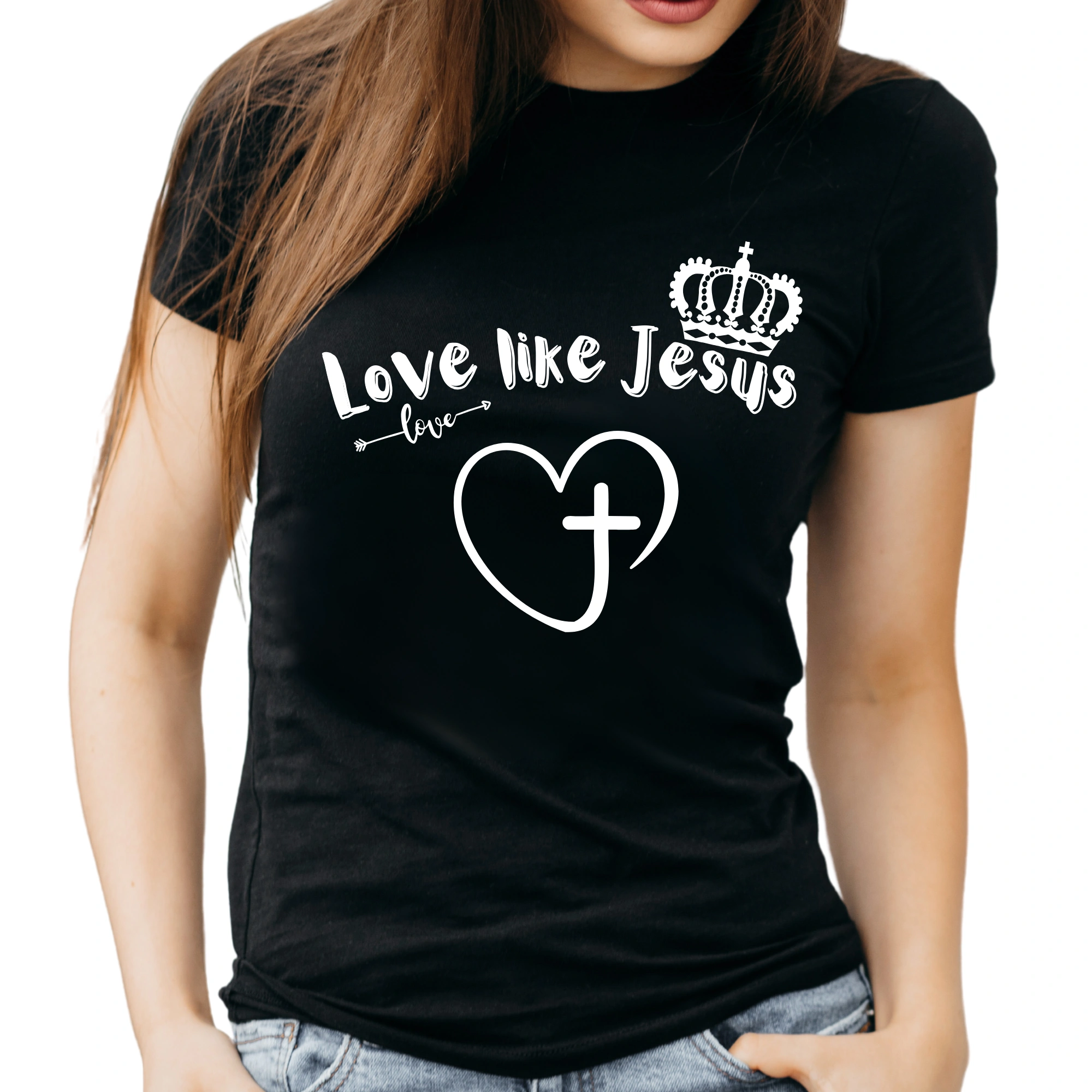 Tricou negru femei cu mesaj biblic-Love like Jesus