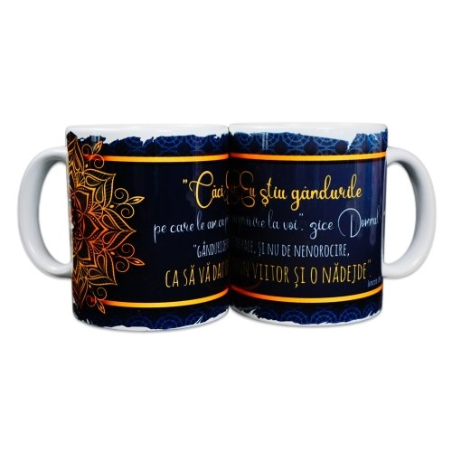 Cană cu mesaj creștin - "Căci Eu ştiu gândurile pe care le am cu privire la voi..." (Ieremia 29:11)