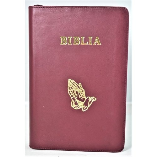 Biblia marime medie, din piele, vișiniu, fermoar, simbol maini in ruga, cuv. lui Isus cu rosu [063 PF]