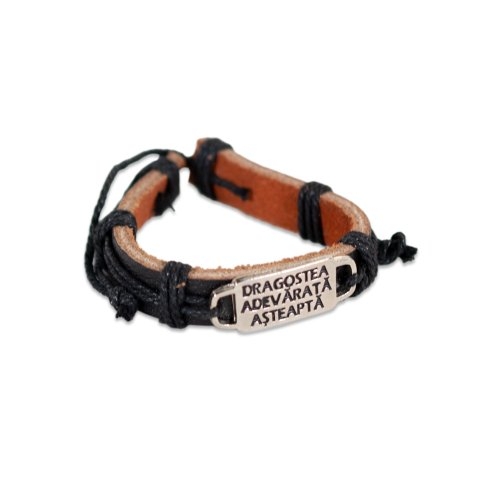 Bratara din piele neagra - "Dragostea adevarata asteapta"