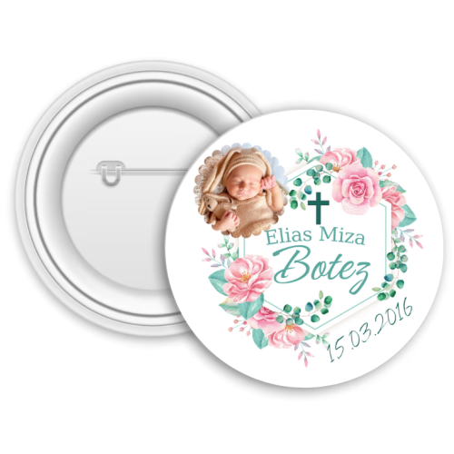 Insignă personalizată pentru copii cu poză, nume și dată – Botez
