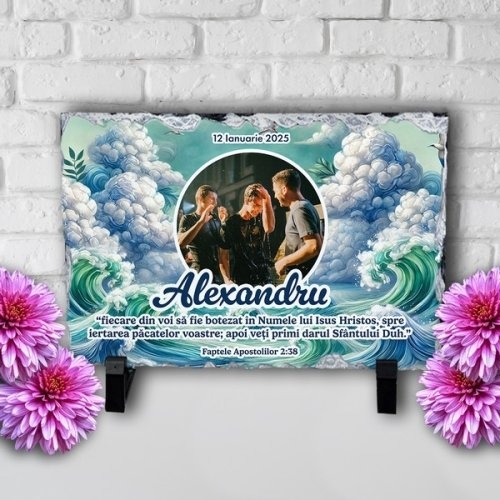 Placă ardezie personalizată cu verset biblic, poză, nume și dată – Botez