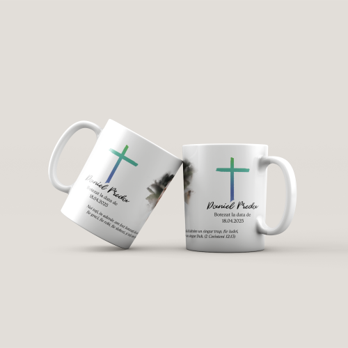 Cană personalizată cu verset biblic, poză, nume și dată - Botez (băiat)