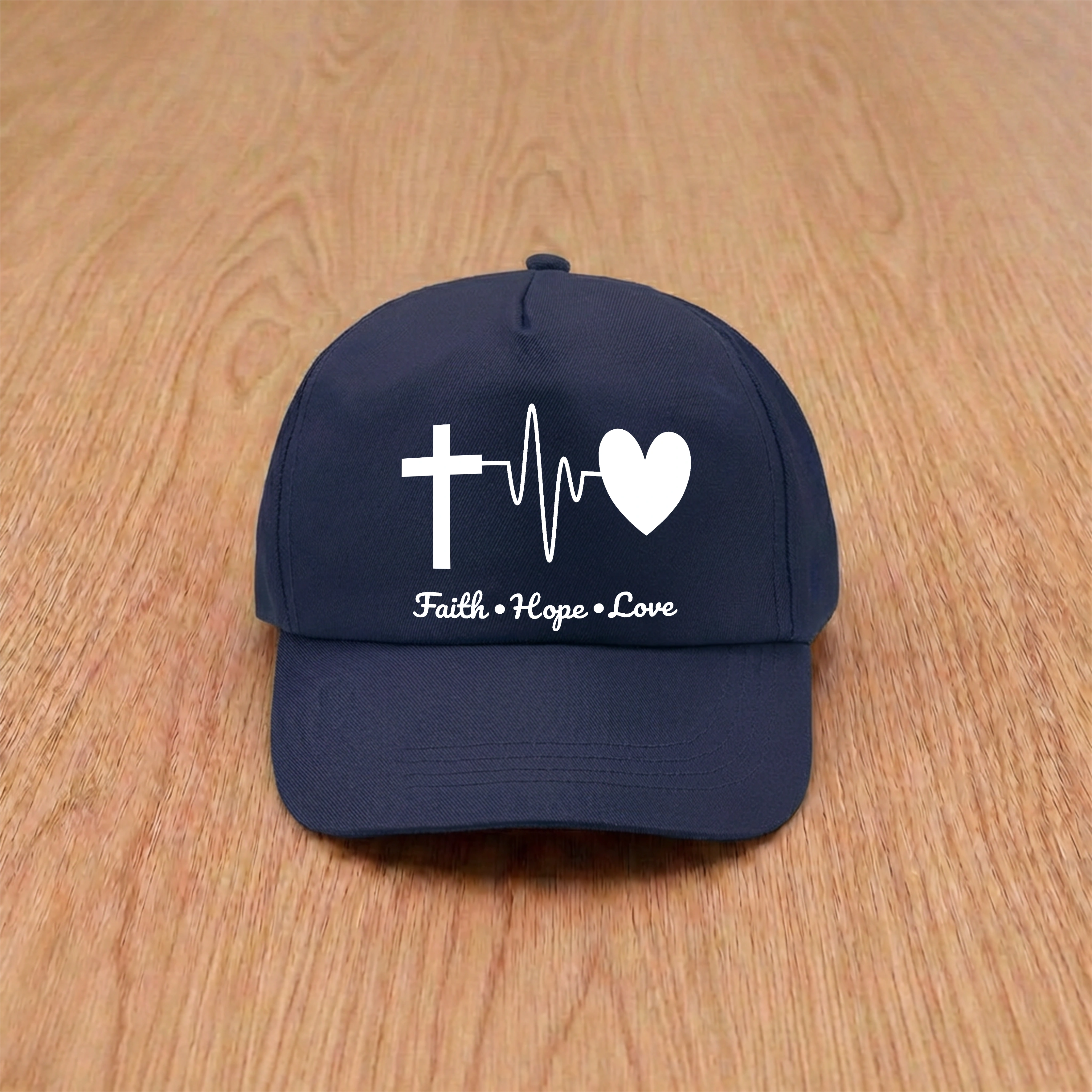 Sapca bleumarin, mesaj in engleza - Faith, Hope, Love