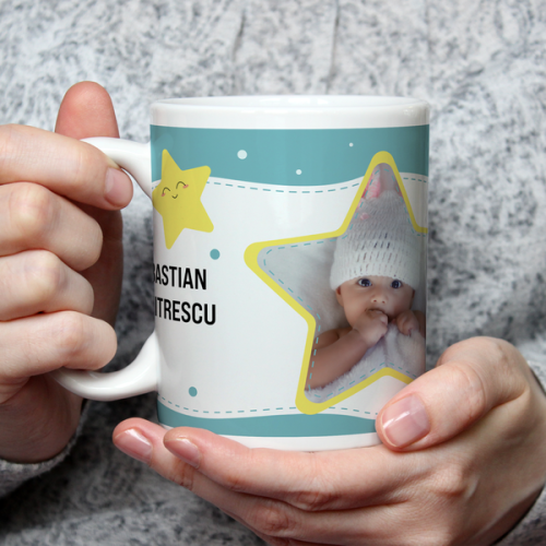Cană personalizată cu poză, nume și text – Botez/Naștere (Băiat)