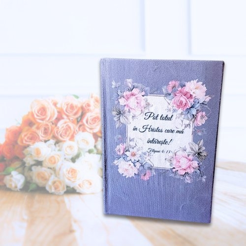 Jurnal cu mesaj creștin, copertă de catifea, margini argintii - Pot totul în Hristos